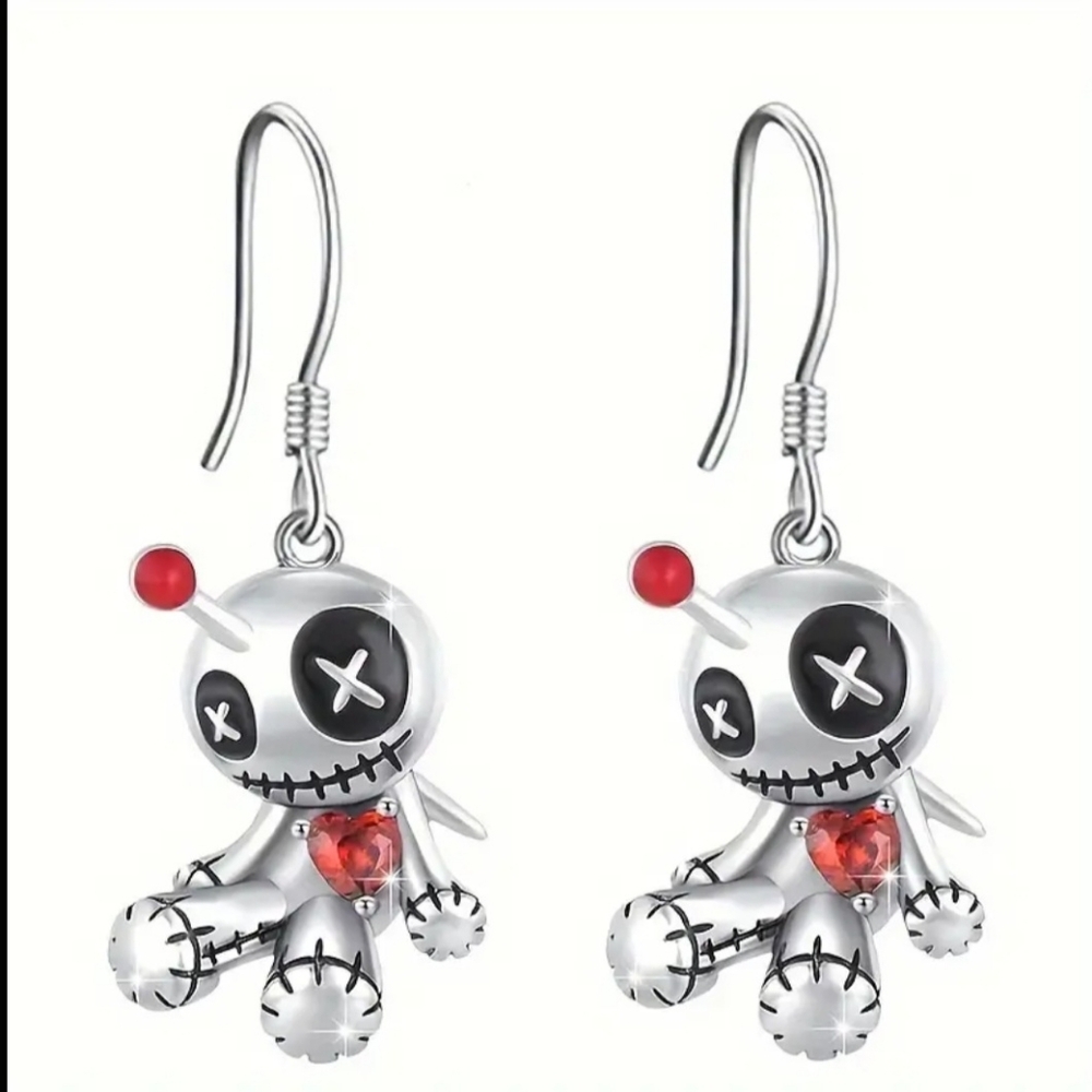 Siler Tone Voodoo Doll Earrings - New